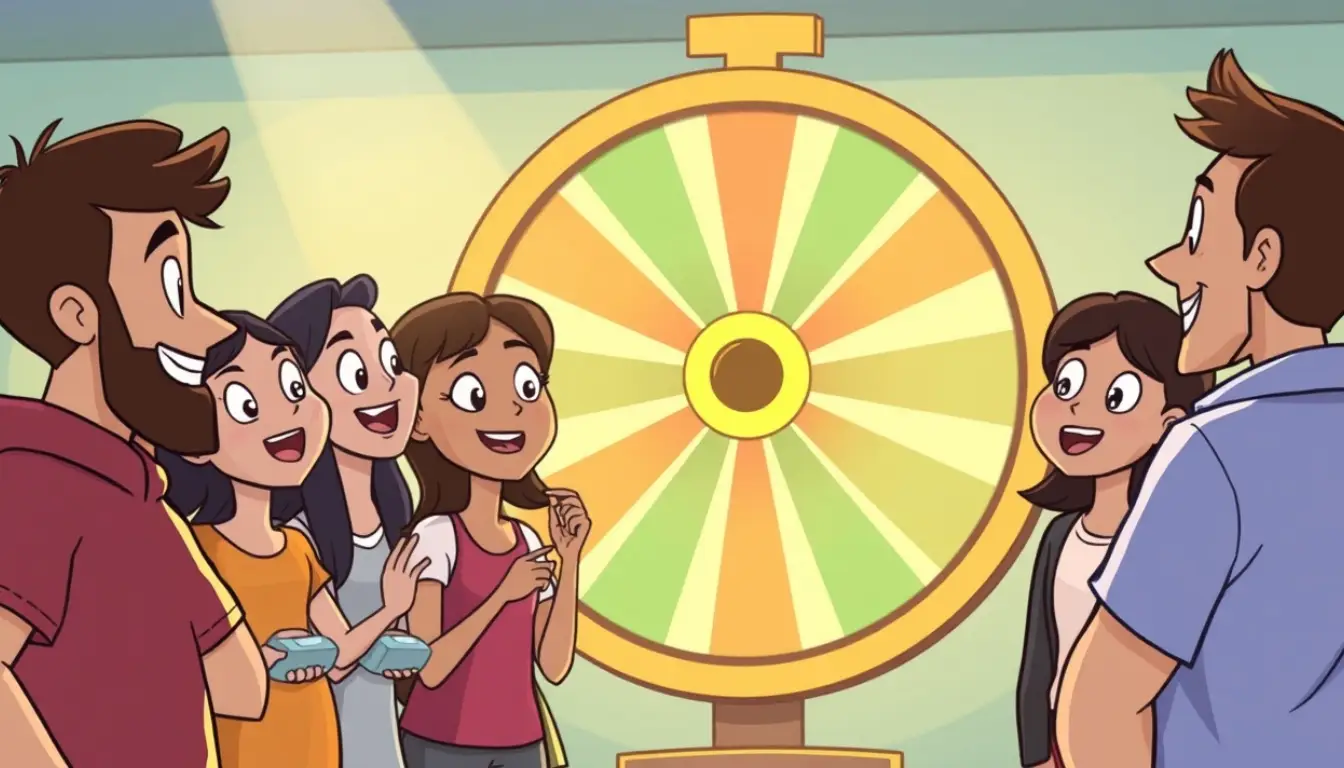 A group of friends watches the wheel spin with excited expressions.