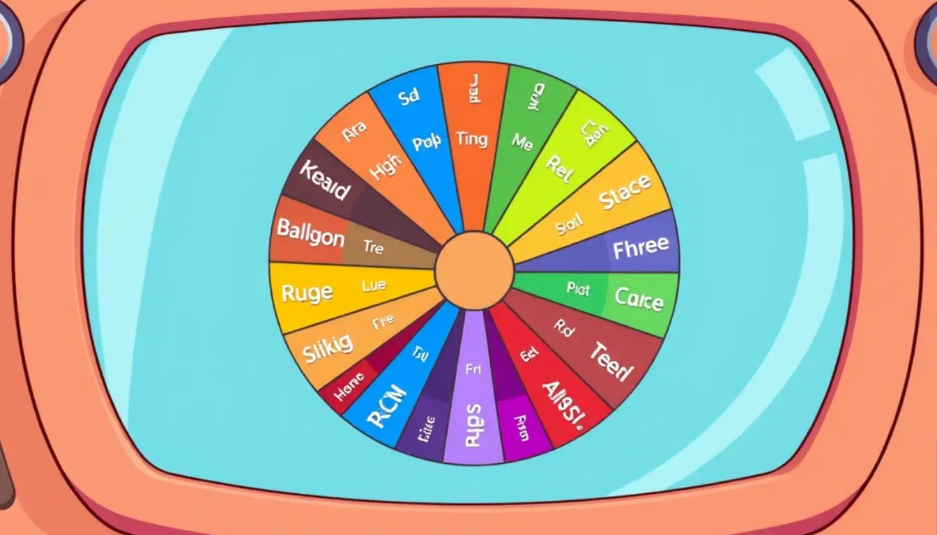 A digital screen displaying the wheel of names in bright colors.